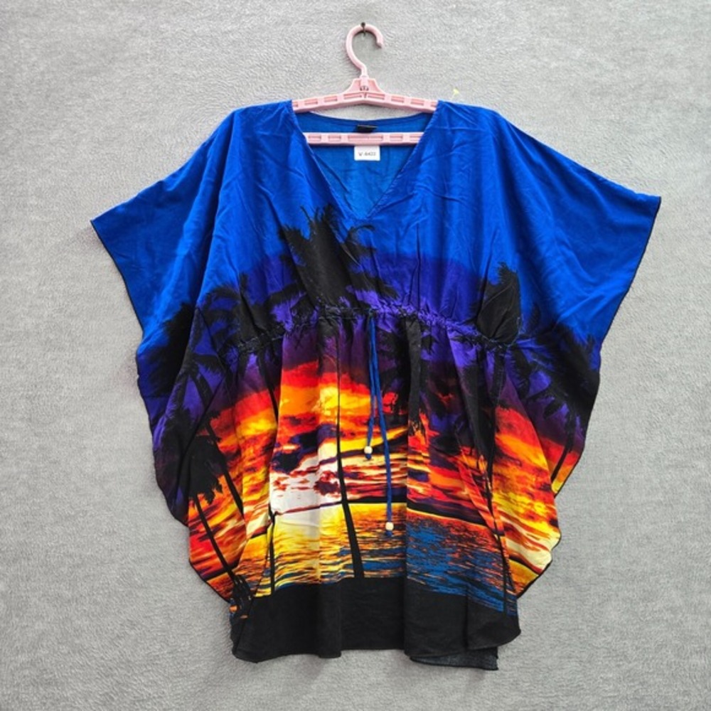 Fashion Women Tunic One Size Blue Sunset Palm Trees Rayon Sunset Y2K